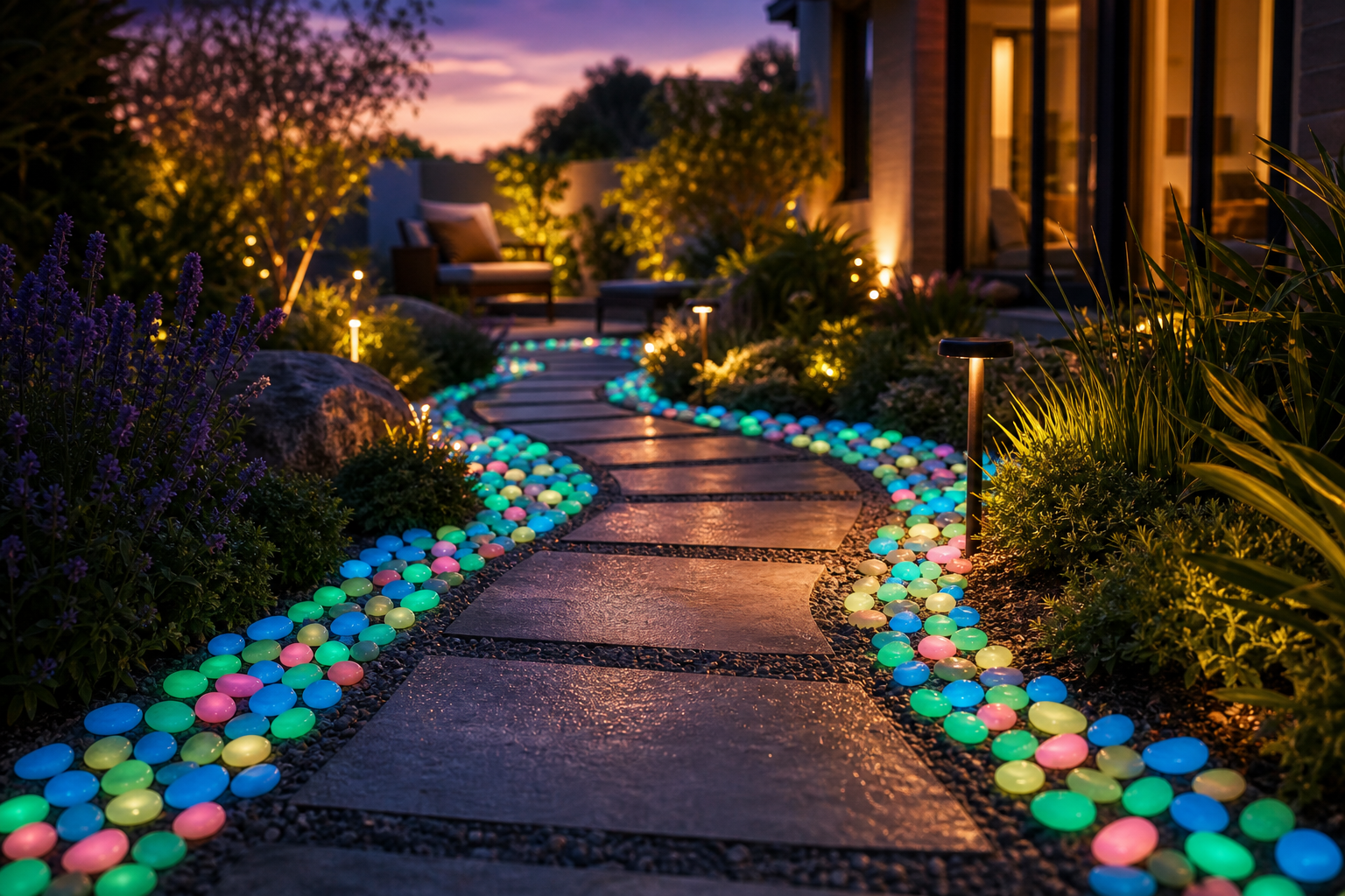 GlowPath Garden Pebbles lighting a garden path