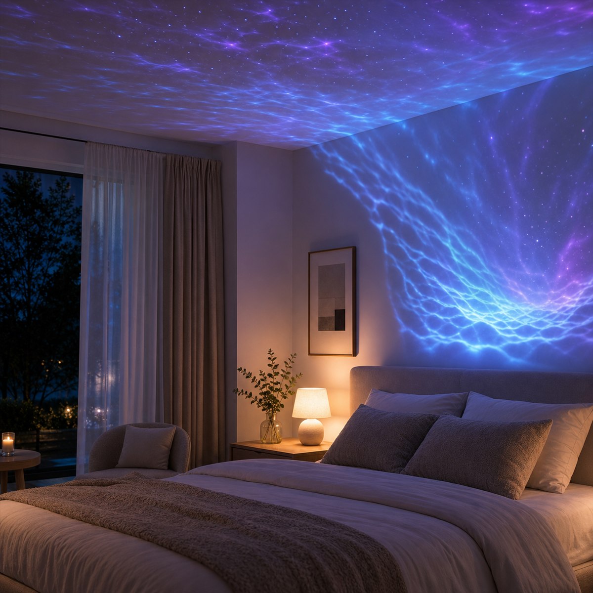 Cozy bedroom with starry ambient wall and ceiling projection