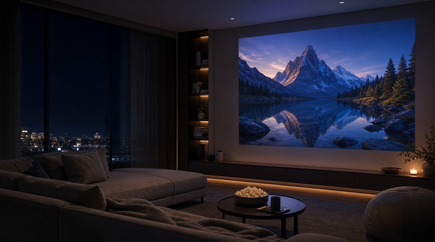 Modern living room with cinematic wall projection