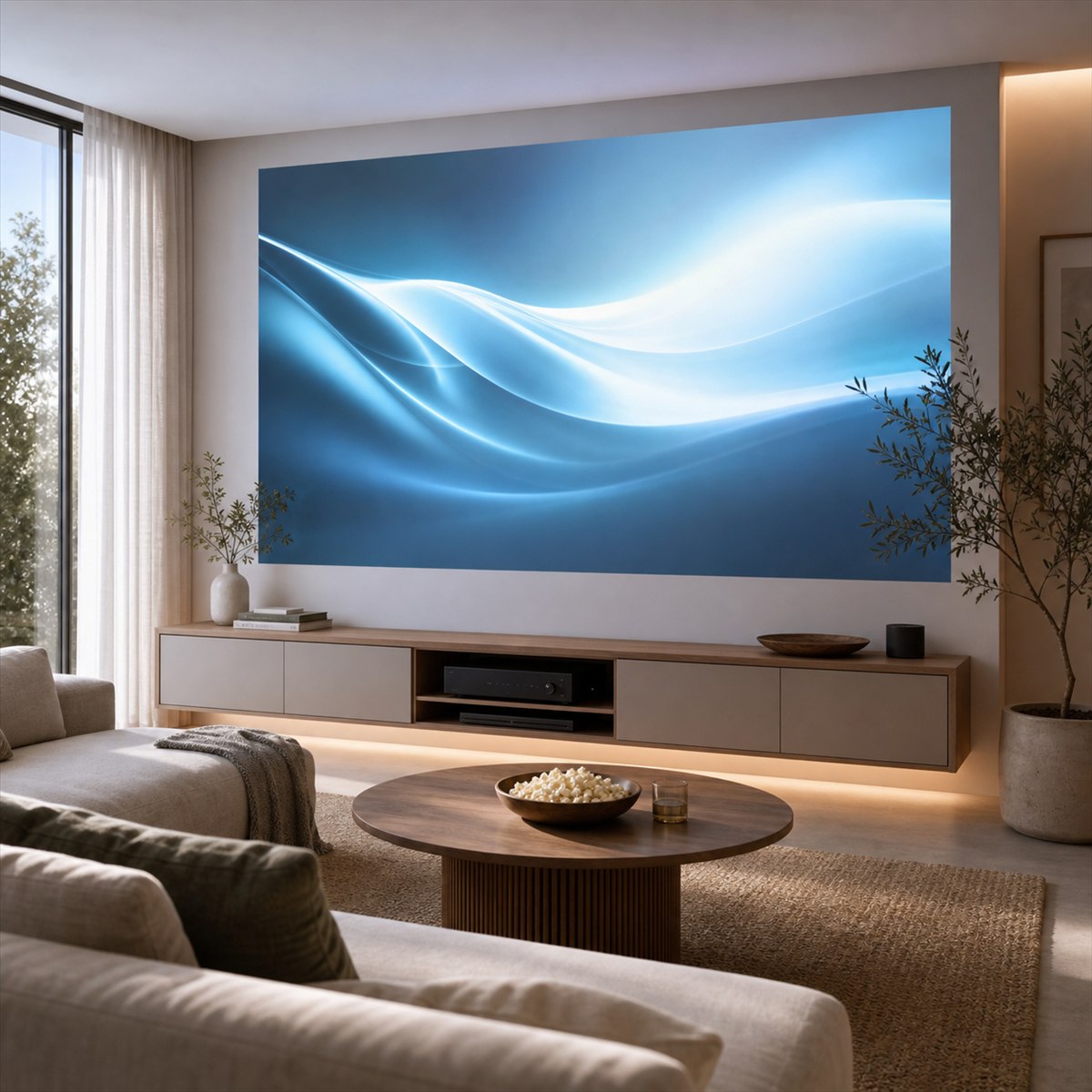 Modern living room projector screen scene