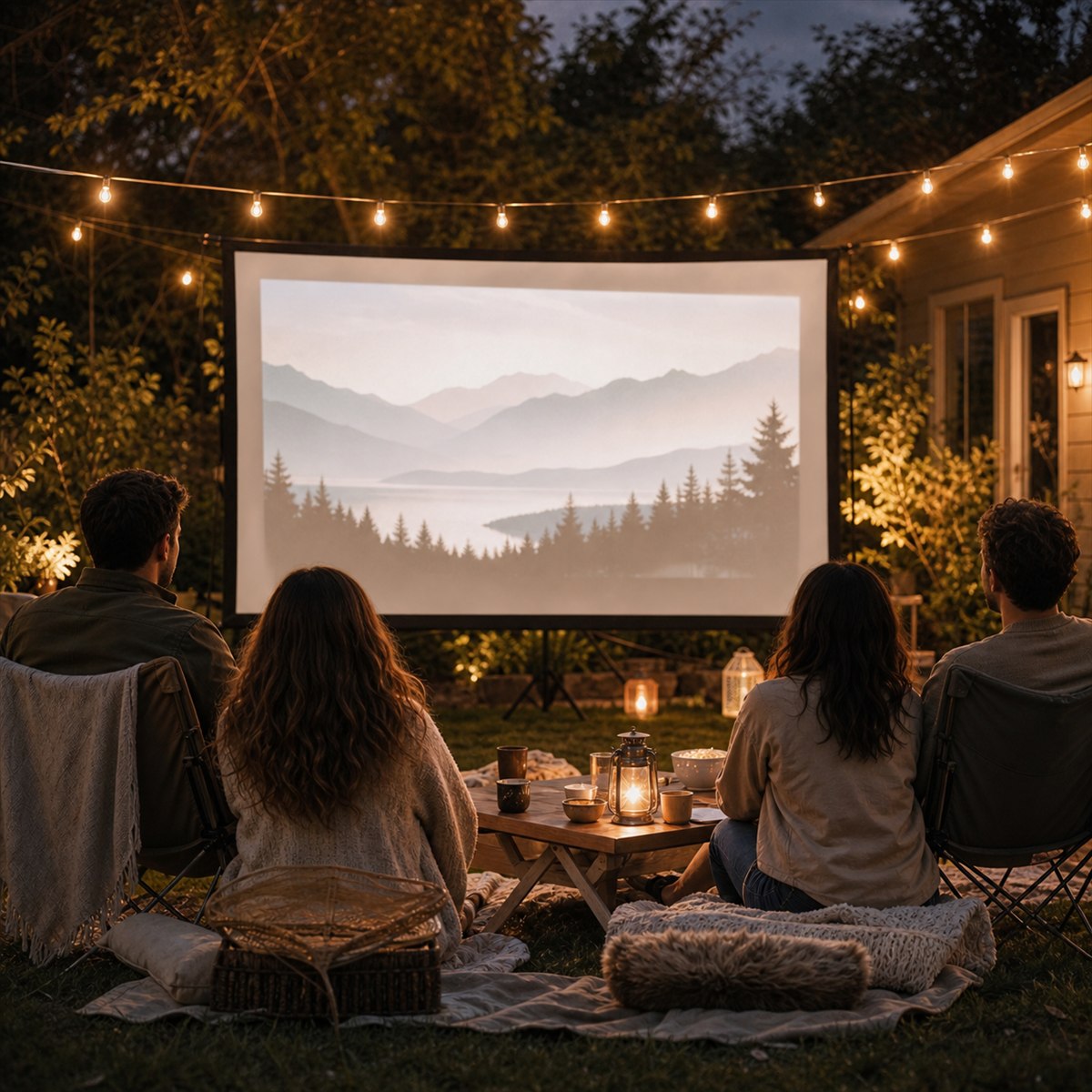 Outdoor backyard movie night projector scene